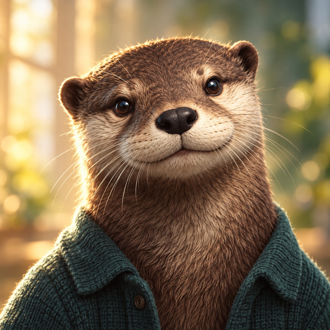An illustrated brown otter with bright dark eyes and long whiskers wears a teal knit cardigan, its head tilted in warm golden window light.